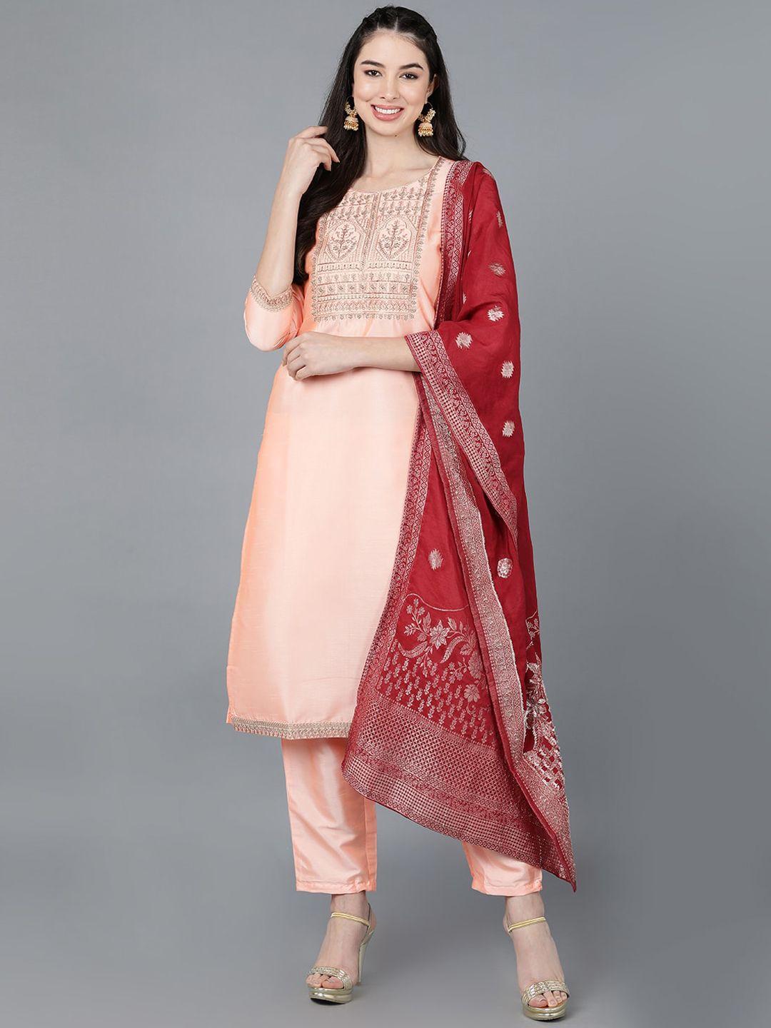 ahika women peach-coloured ethnic motifs yoke design pleated kurti with trousers & with dupatta