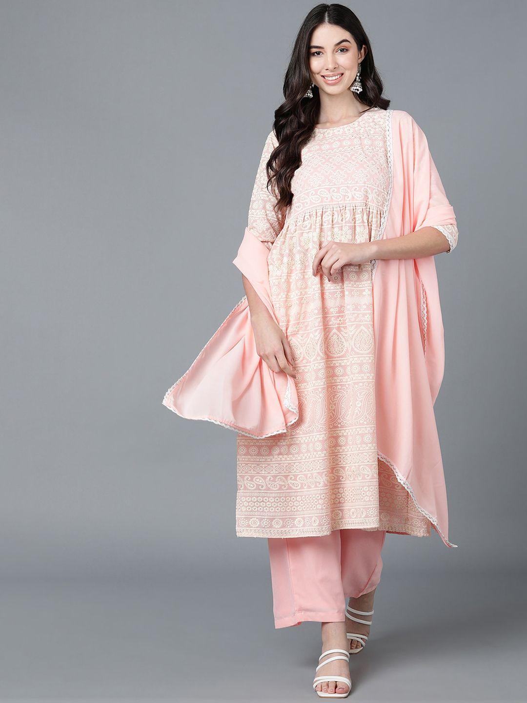 ahika women peach-coloured floral embroidered kurta with palazzos & with dupatta