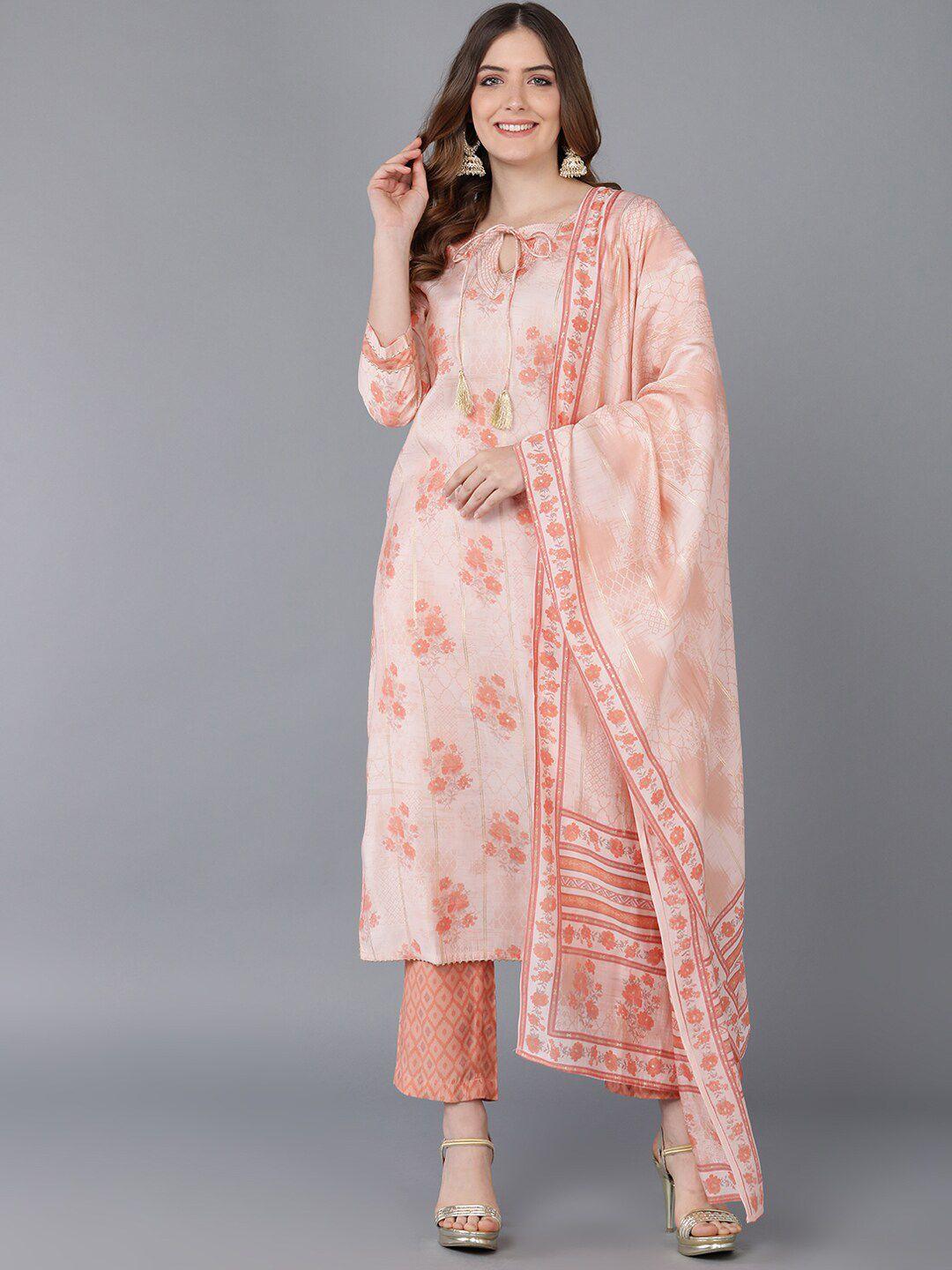 ahika women peach-coloured floral printed kurta with trousers & with dupatta