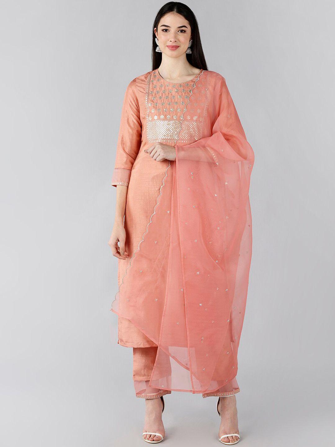 ahika women peach-coloured kurta with trousers & with dupatta