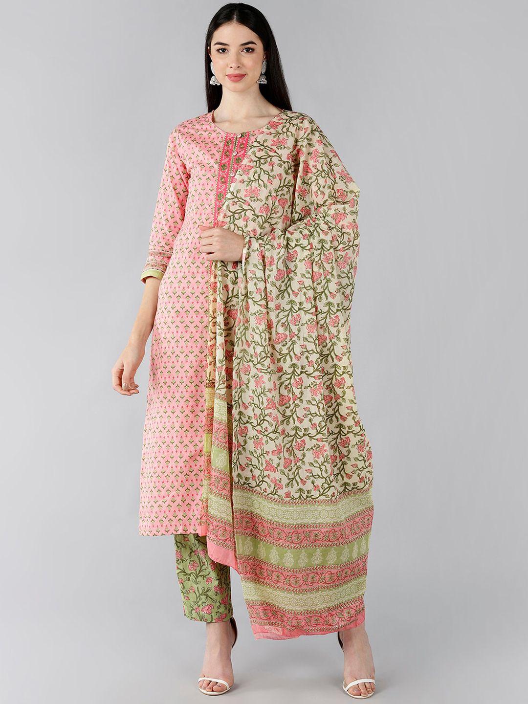 ahika women peach-coloured printed pleated pure cotton kurta with palazzos & with dupatta