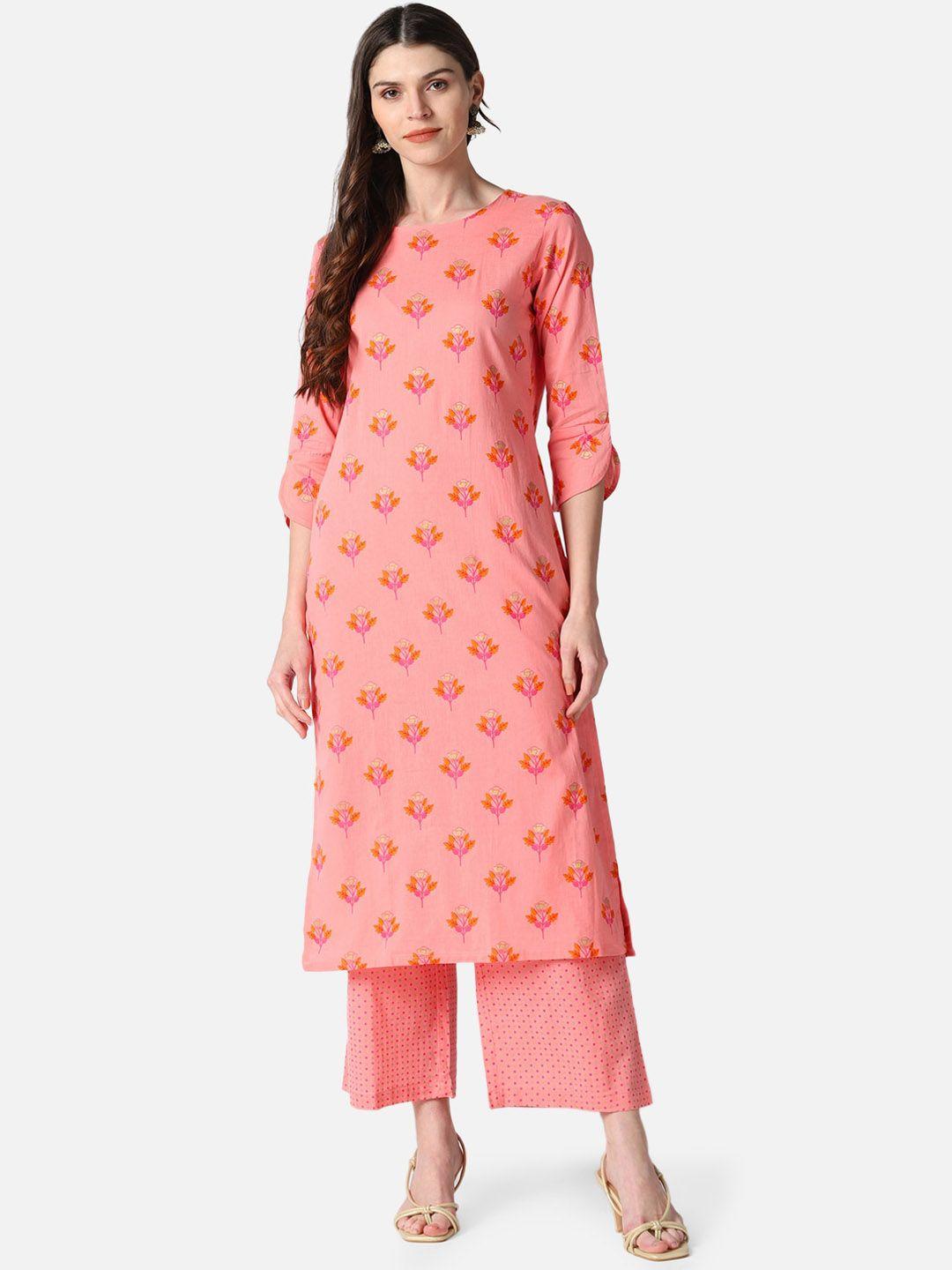 ahika women peach-coloured printed pure cotton kurta with palazzos