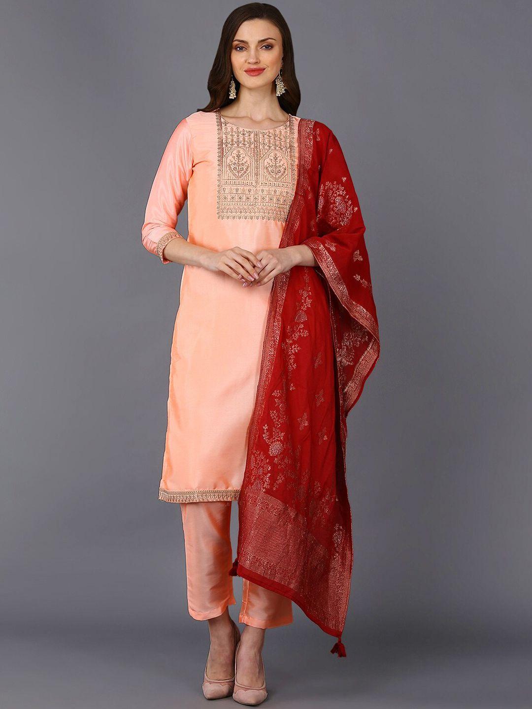 ahika women peach-coloured yoke embroidered kurta with trousers & dupatta