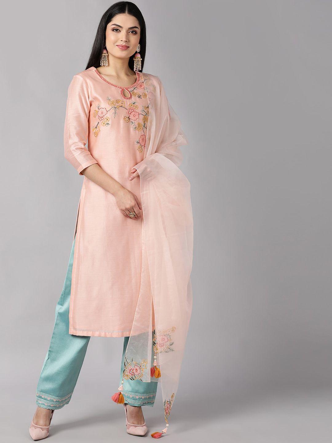ahika women peach floral embroidered regular kurti with trousers & dupatta