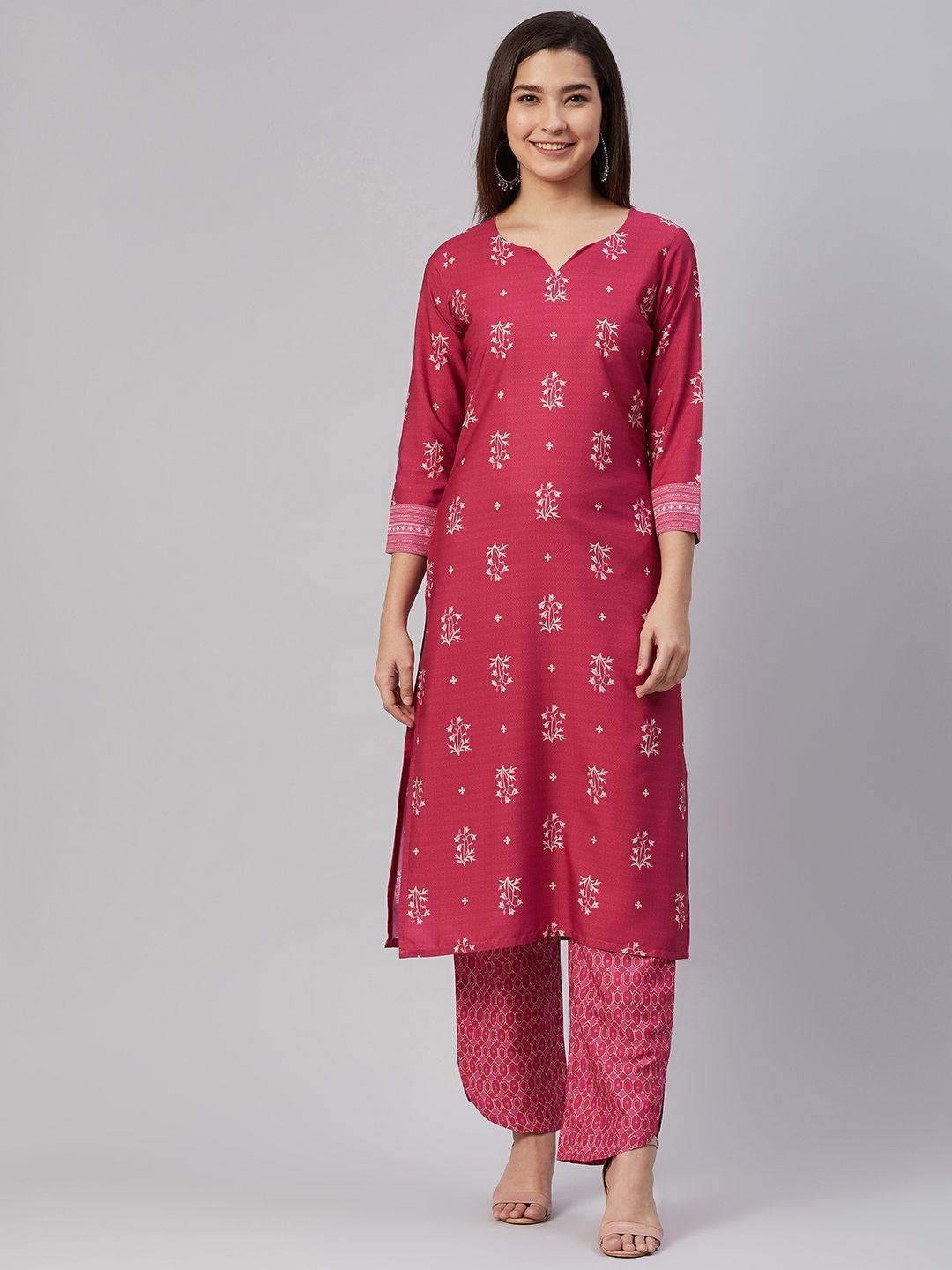 ahika women pink & beige ethnic motifs printed kurta with trousers