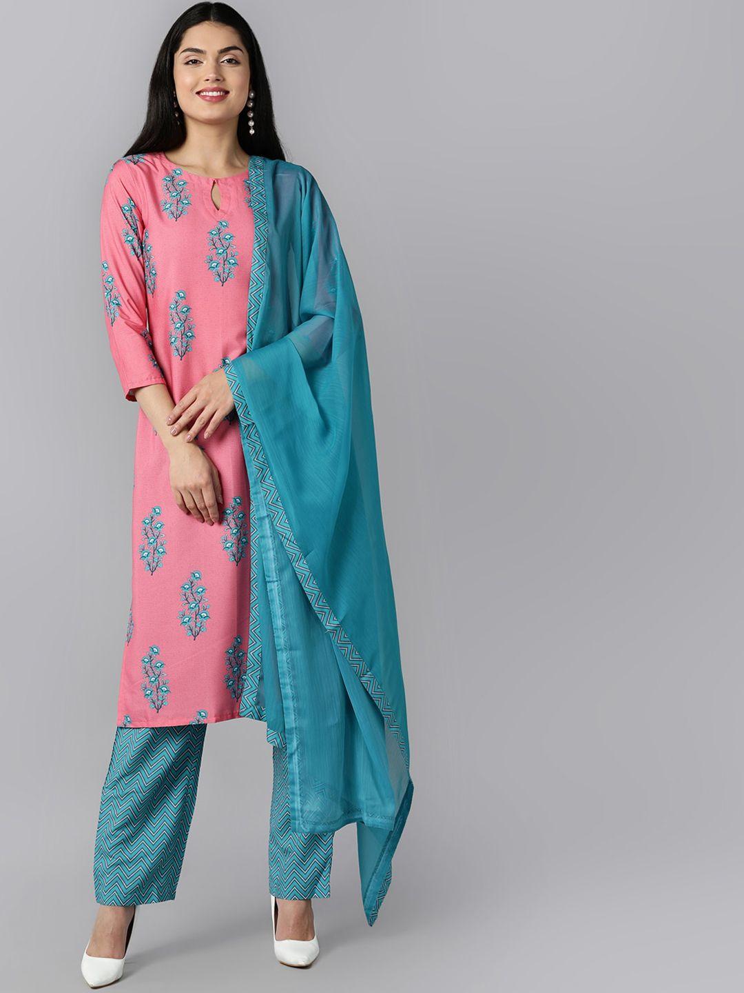 ahika women pink & blue ethnic motifs printed regular kurta with trousers & with dupatta