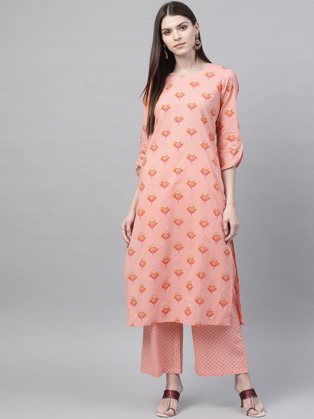 ahika women pink & golden printed kurta with palazzos