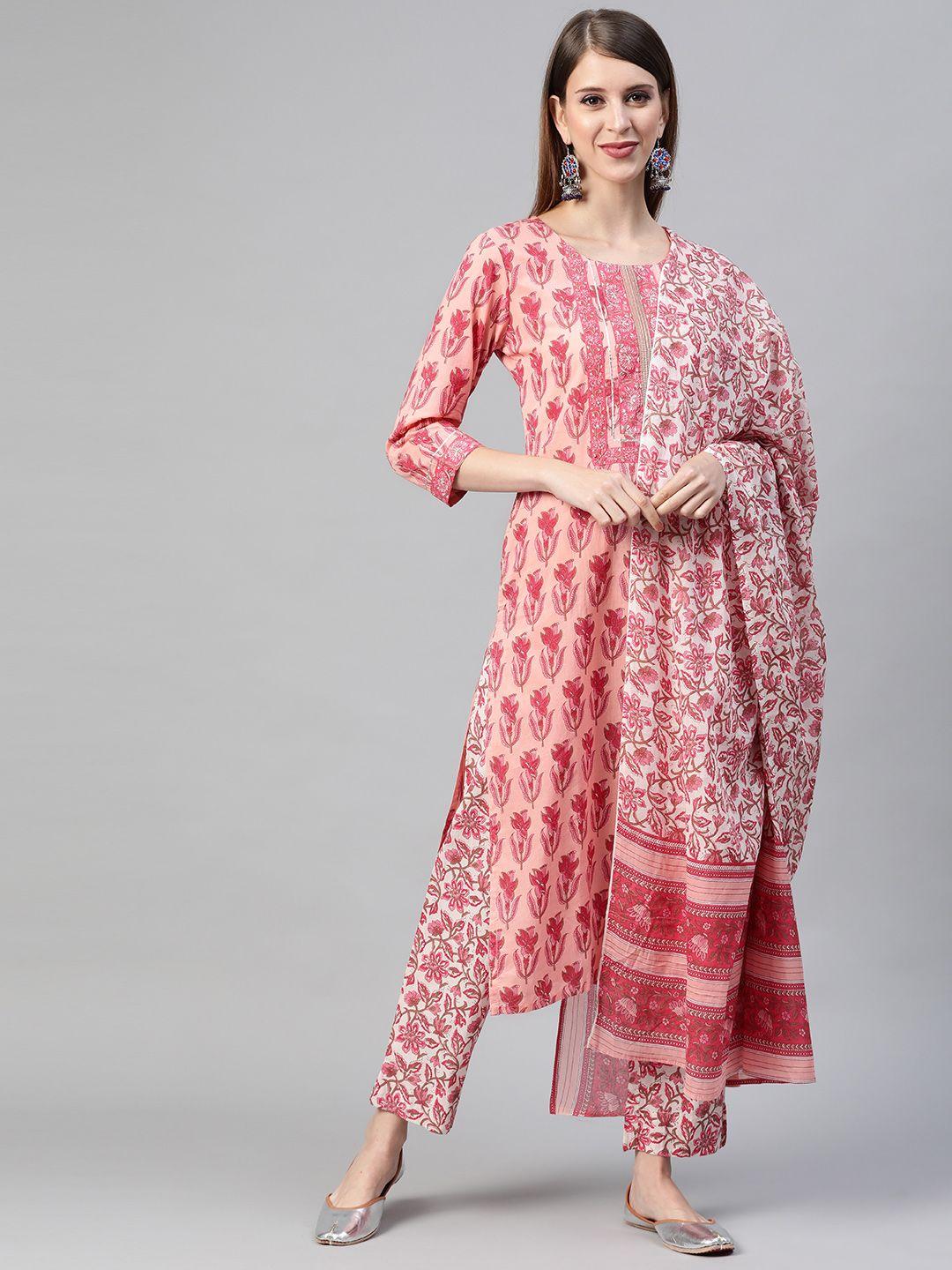 ahika women pink & off-white floral printed pure cotton kurta with trousers & dupatta