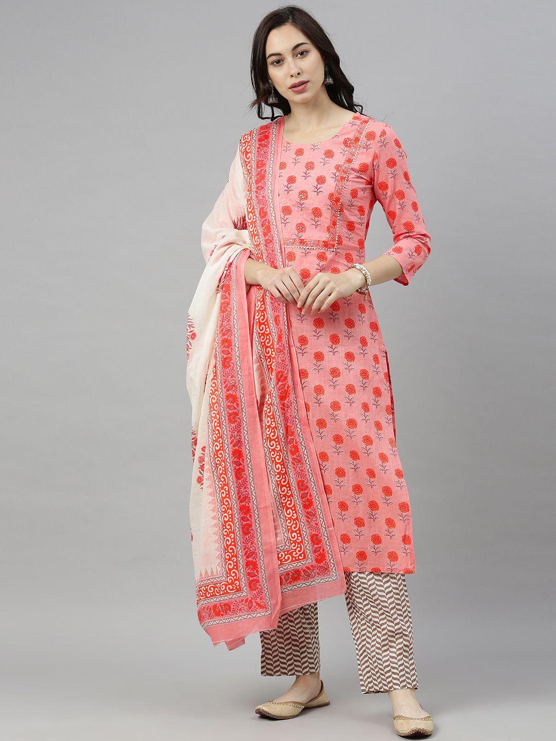 ahika women pink & off-white printed kurta with trousers & dupatta
