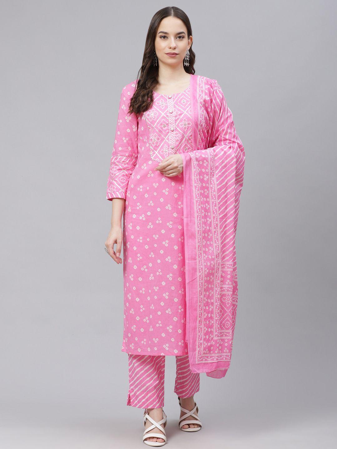 ahika women pink & white bandhani print pure cotton kurta with trousers & dupatta