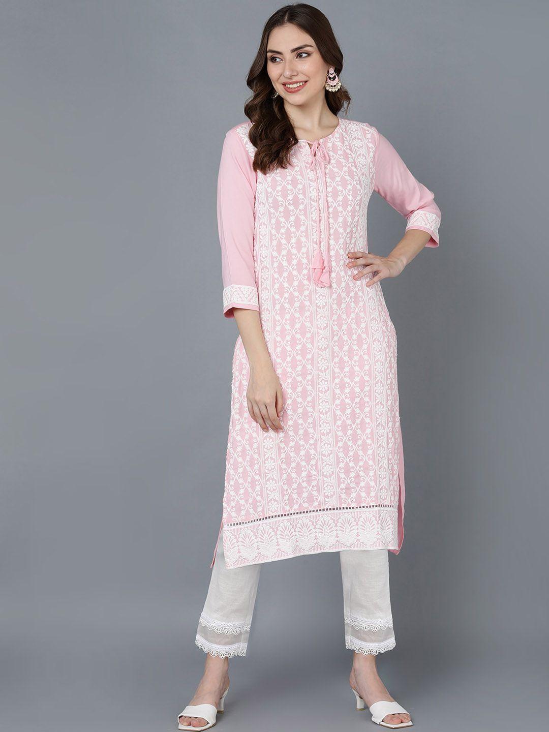 ahika women pink & white floral embroidered keyhole neck kurta