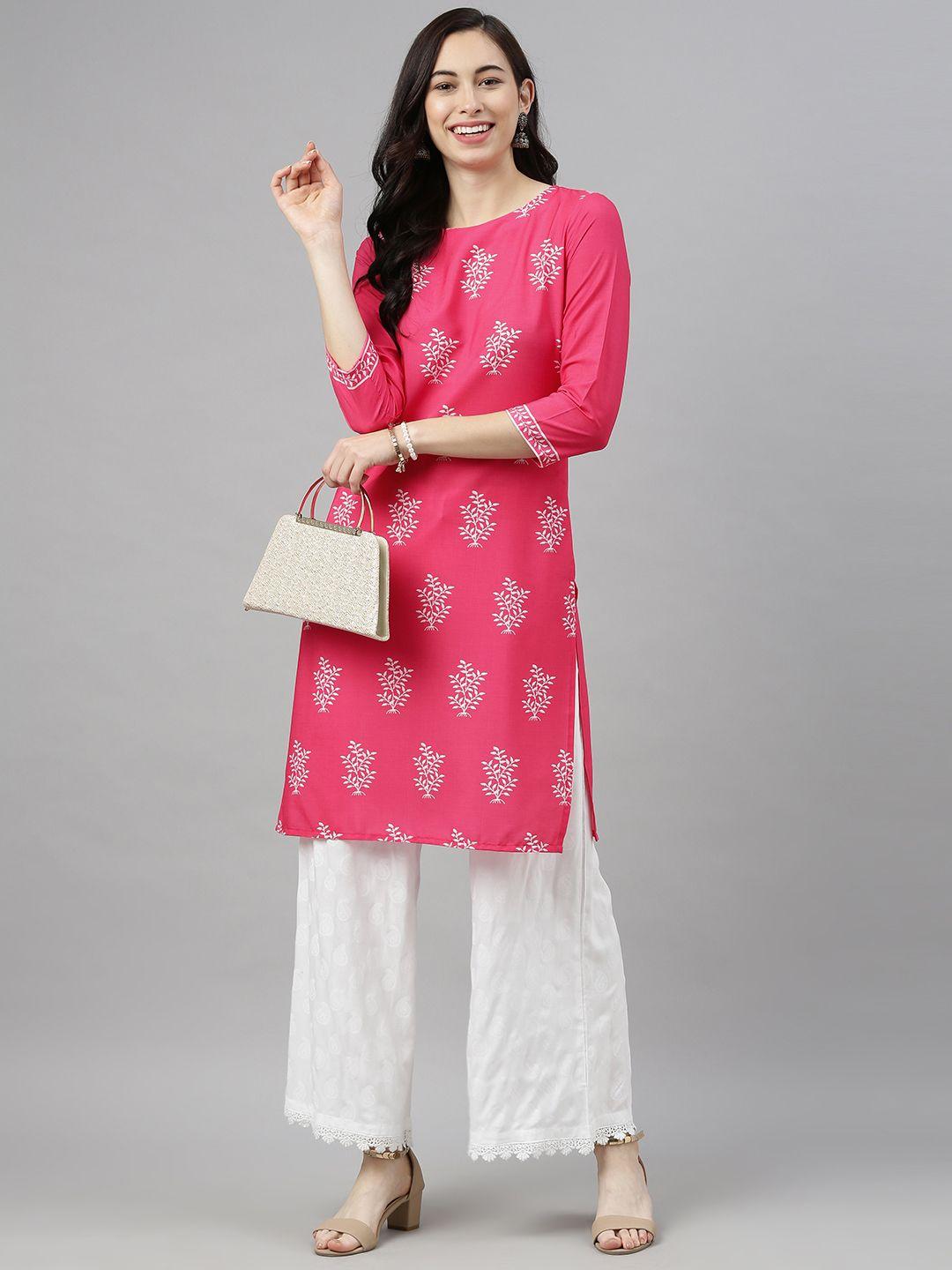 ahika women pink & white floral printed kurta