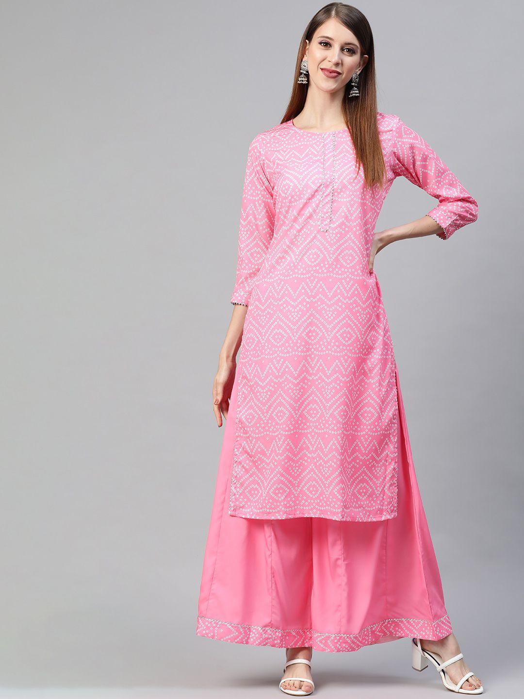ahika women pink bandhani printed gotta patti kurta with palazzos