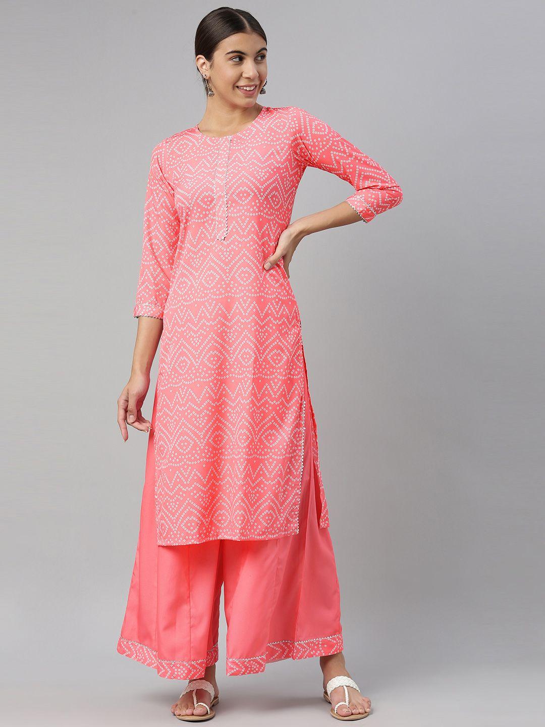 ahika women pink bandhani printed kurta with palazzos