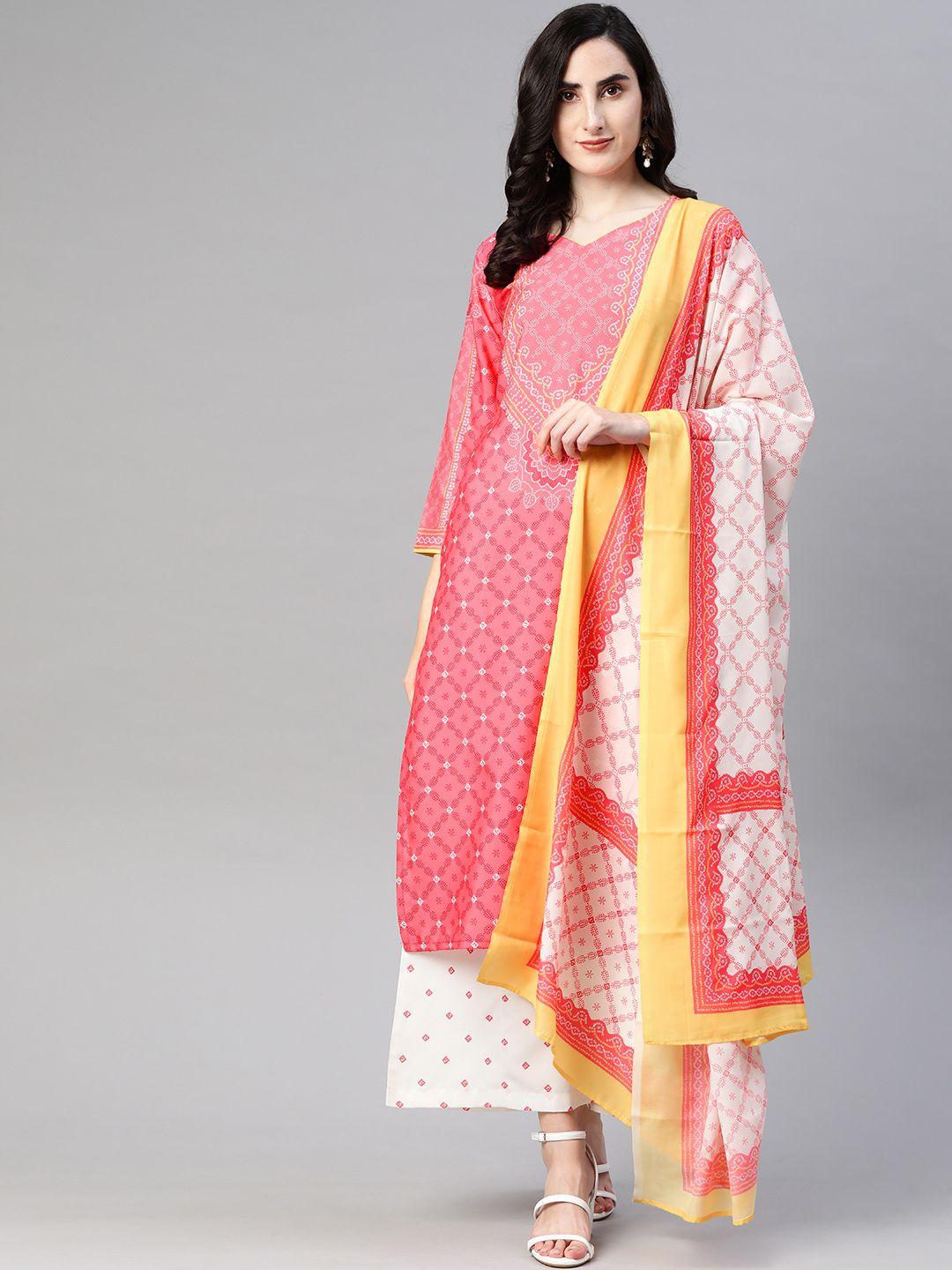 ahika women pink ethnic motifs printed kurta with palazzos & with dupatta