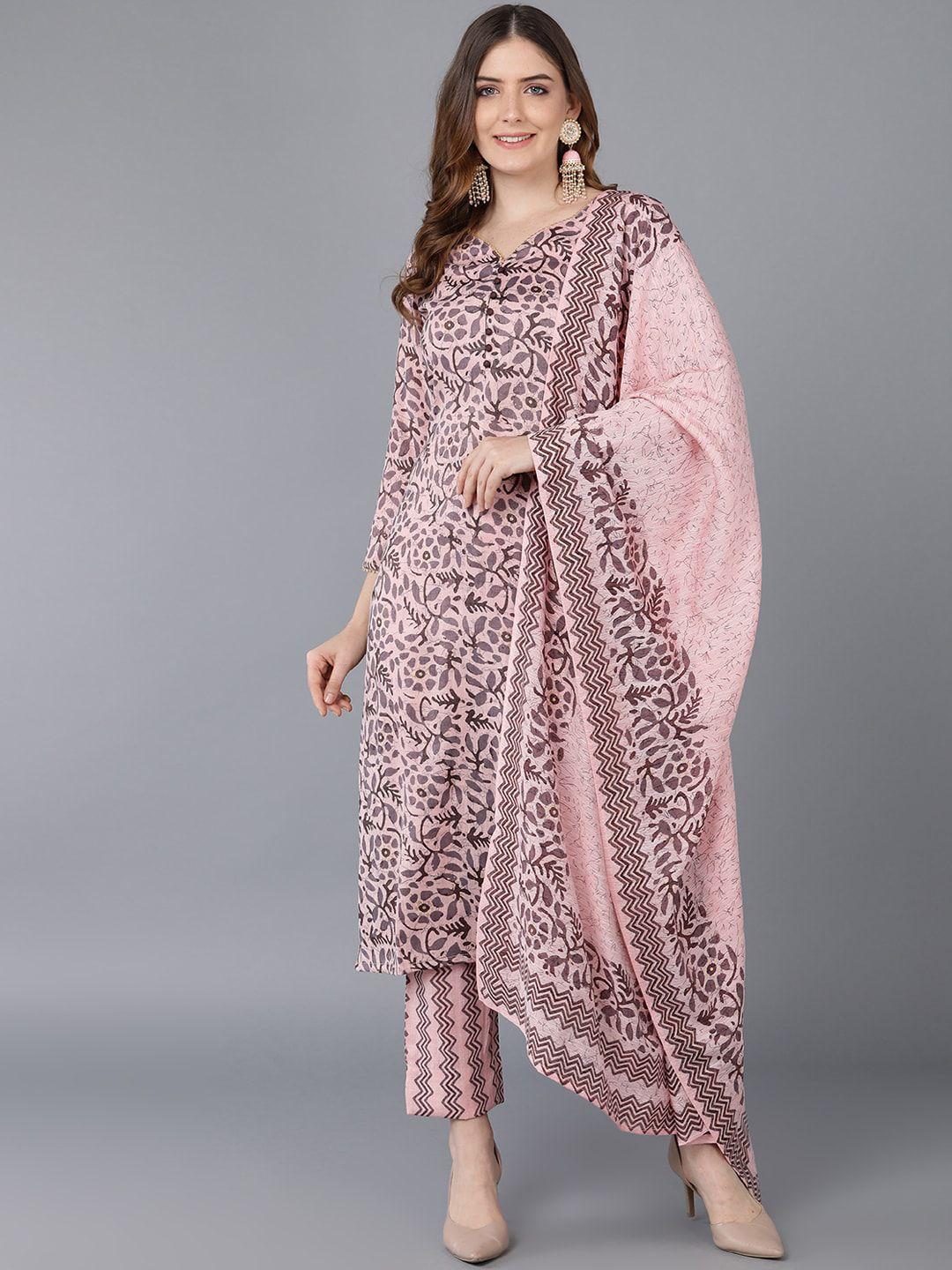 ahika women pink ethnic motifs printed kurta with trousers & with dupatta