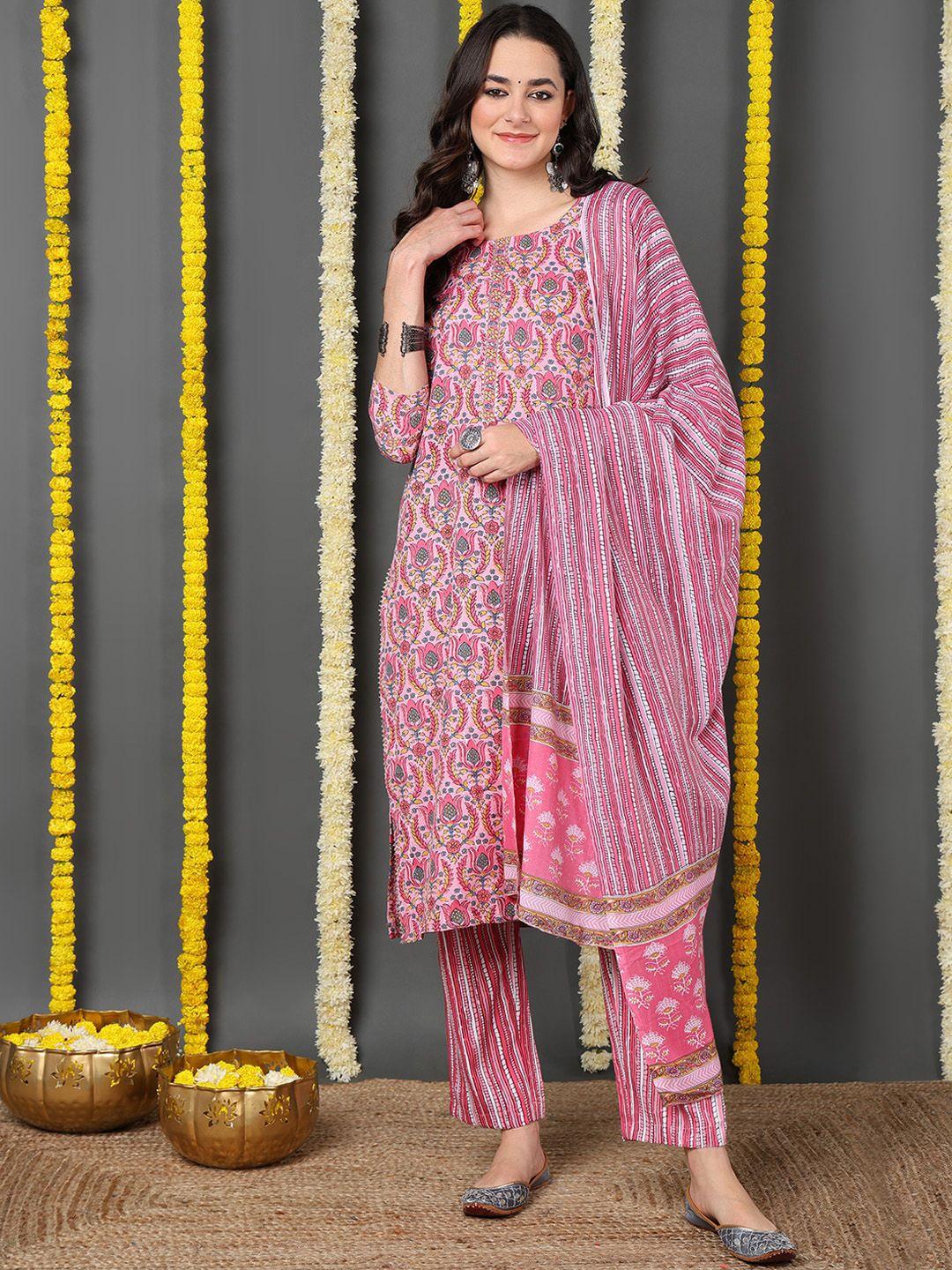 ahika women pink ethnic motifs printed regular kurta with trousers & with dupatta