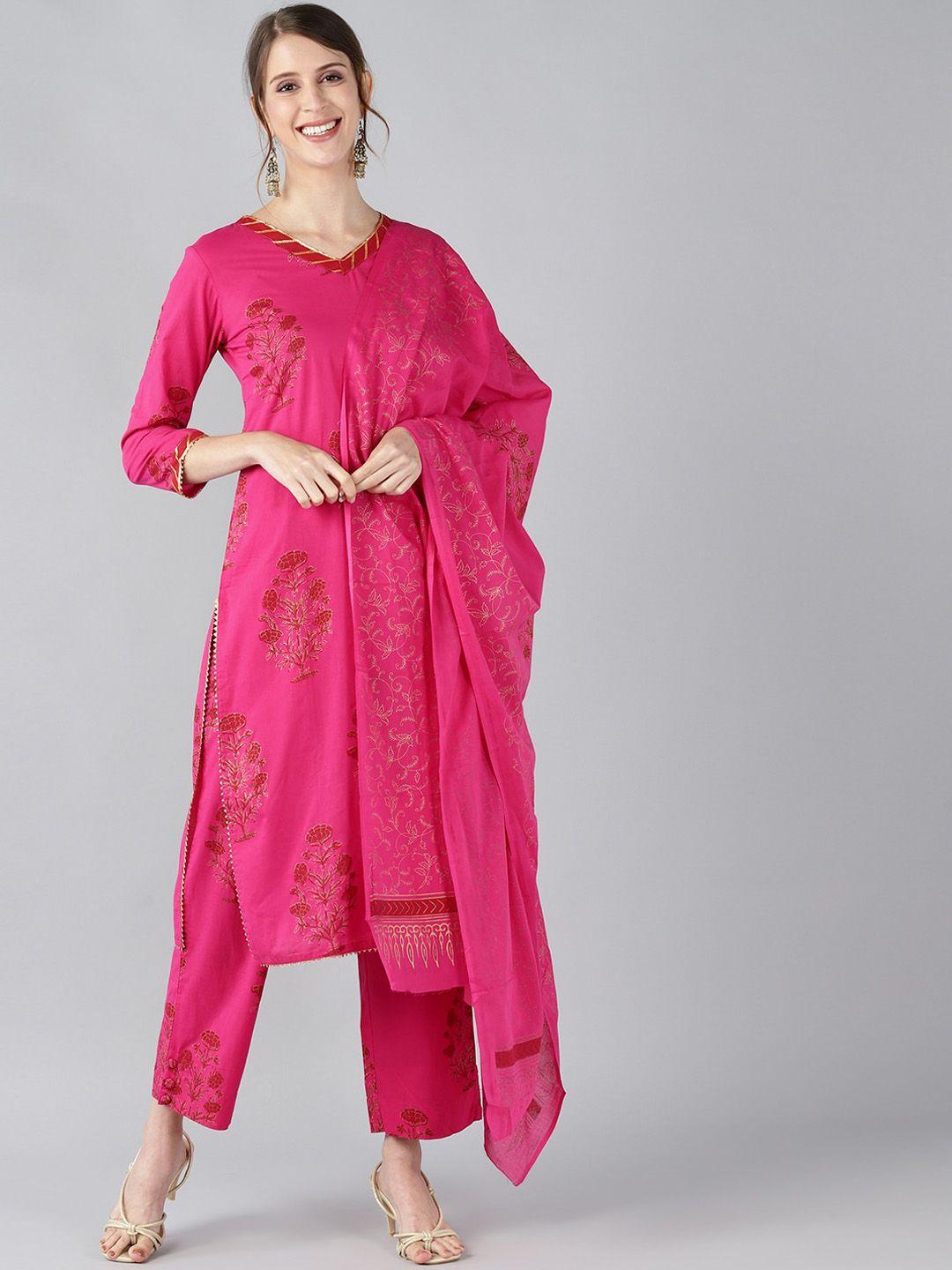 ahika women pink ethnic motifs printed regular pure cotton kurta with palazzos & with dupatta