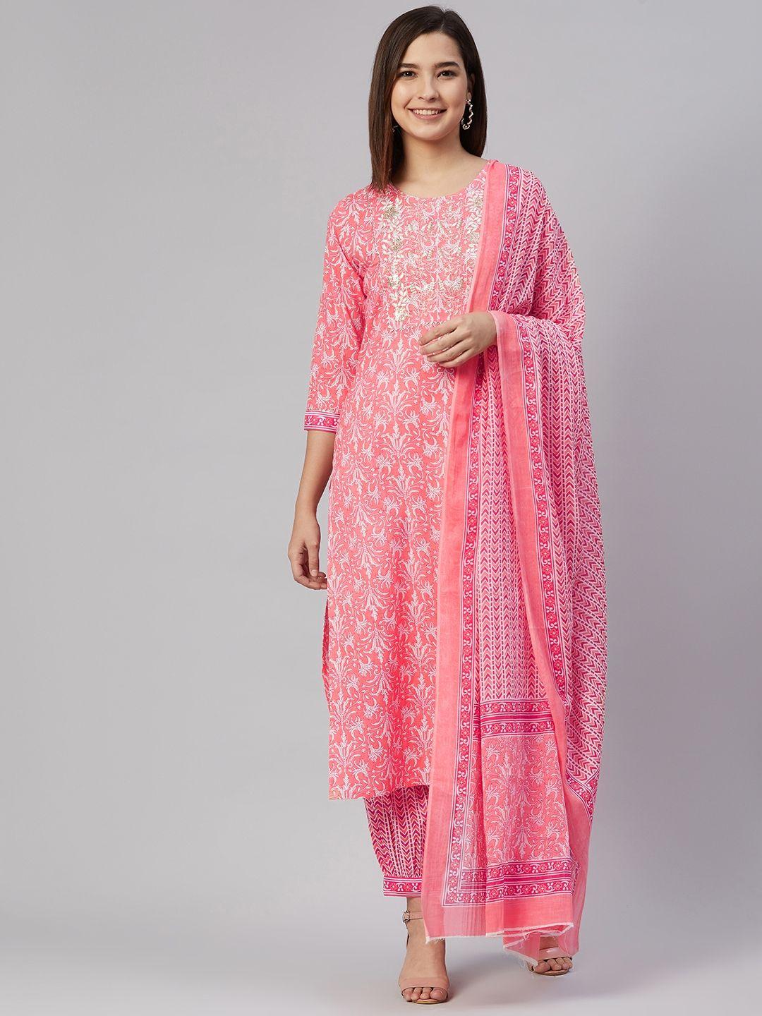 ahika women pink ethnic motifs printed thread work pure cotton kurta with salwar & with dupatta