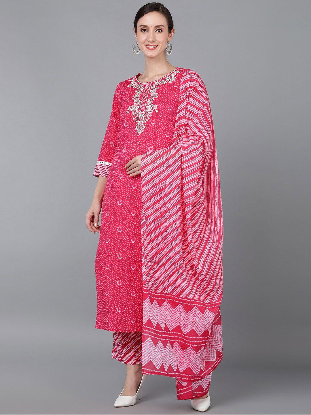 ahika women pink ethnic motifs yoke design pure cotton kurta with trousers & with dupatta