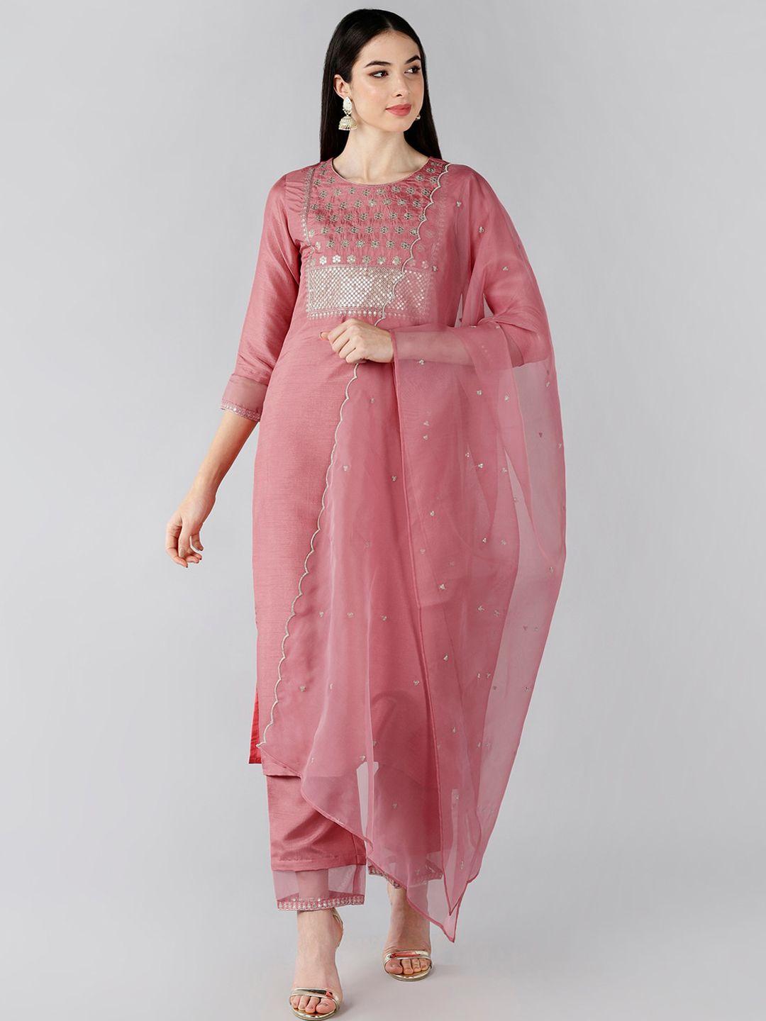 ahika women pink floral embroidered kurta with trousers & with dupatta