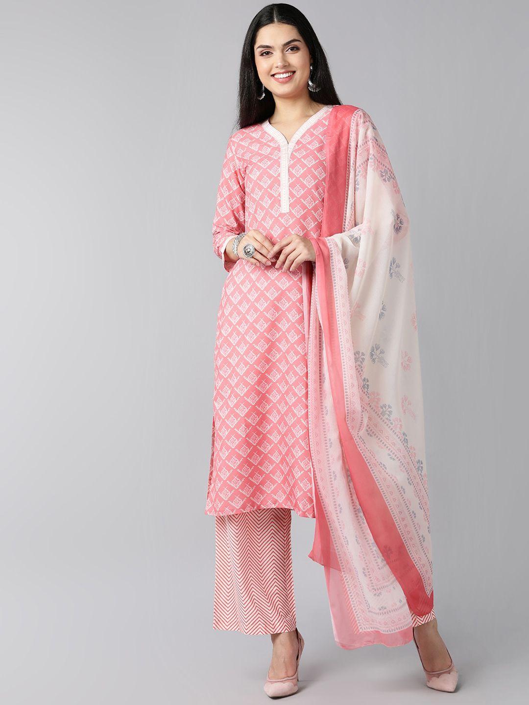 ahika women pink floral printed regular kurta with trousers & with dupatta