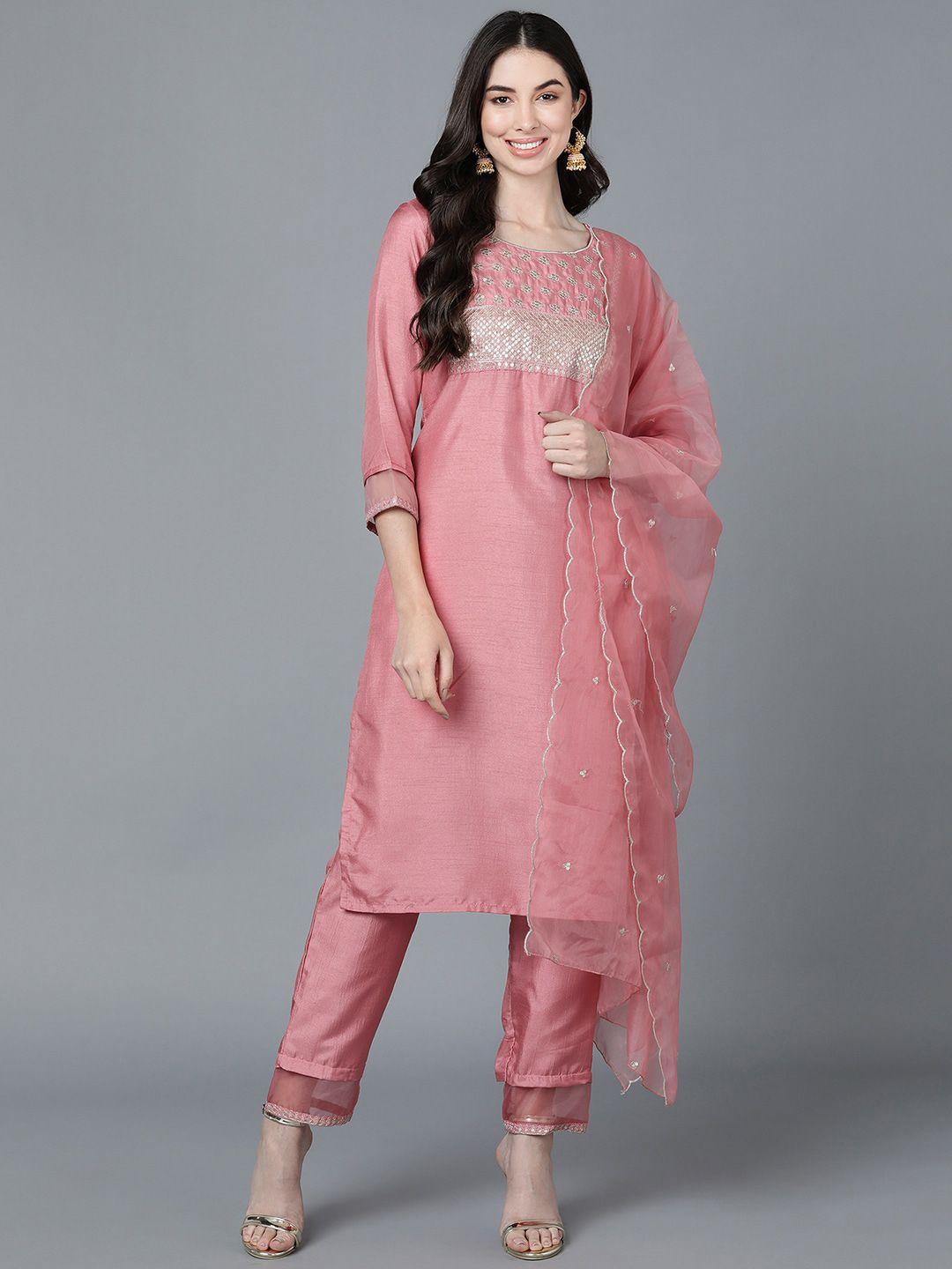 ahika women pink paisley yoke design kurta with trousers & with dupatta