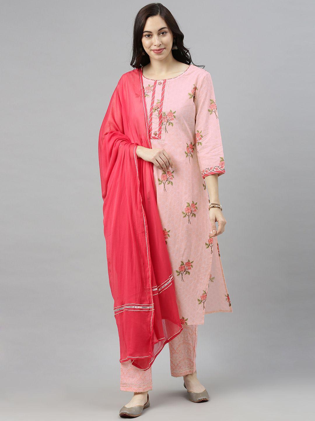 ahika women pink printed kurta with trousers & dupatta