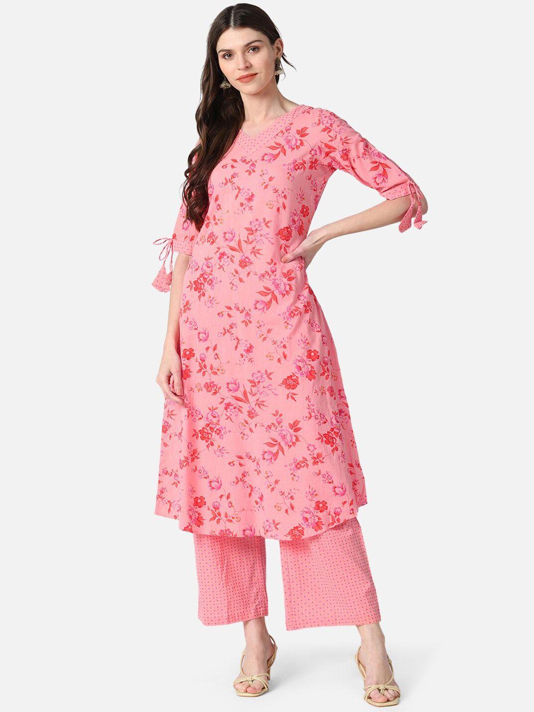 ahika women pink printed kurti with trousers