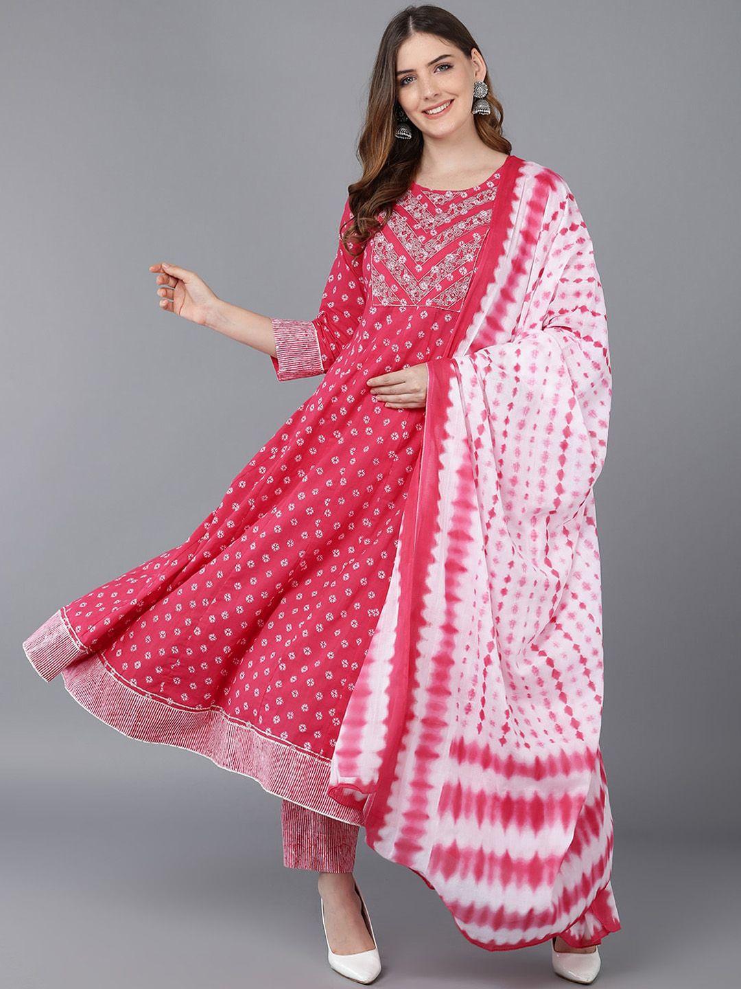 ahika women pink printed panelled pure cotton kurta with trousers & with dupatta