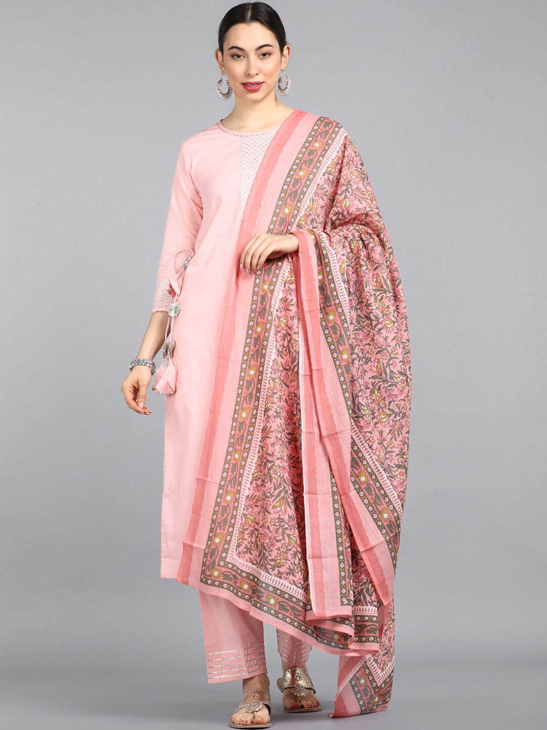 ahika women pink regular gotta patti pure cotton kurta with trousers & dupatta