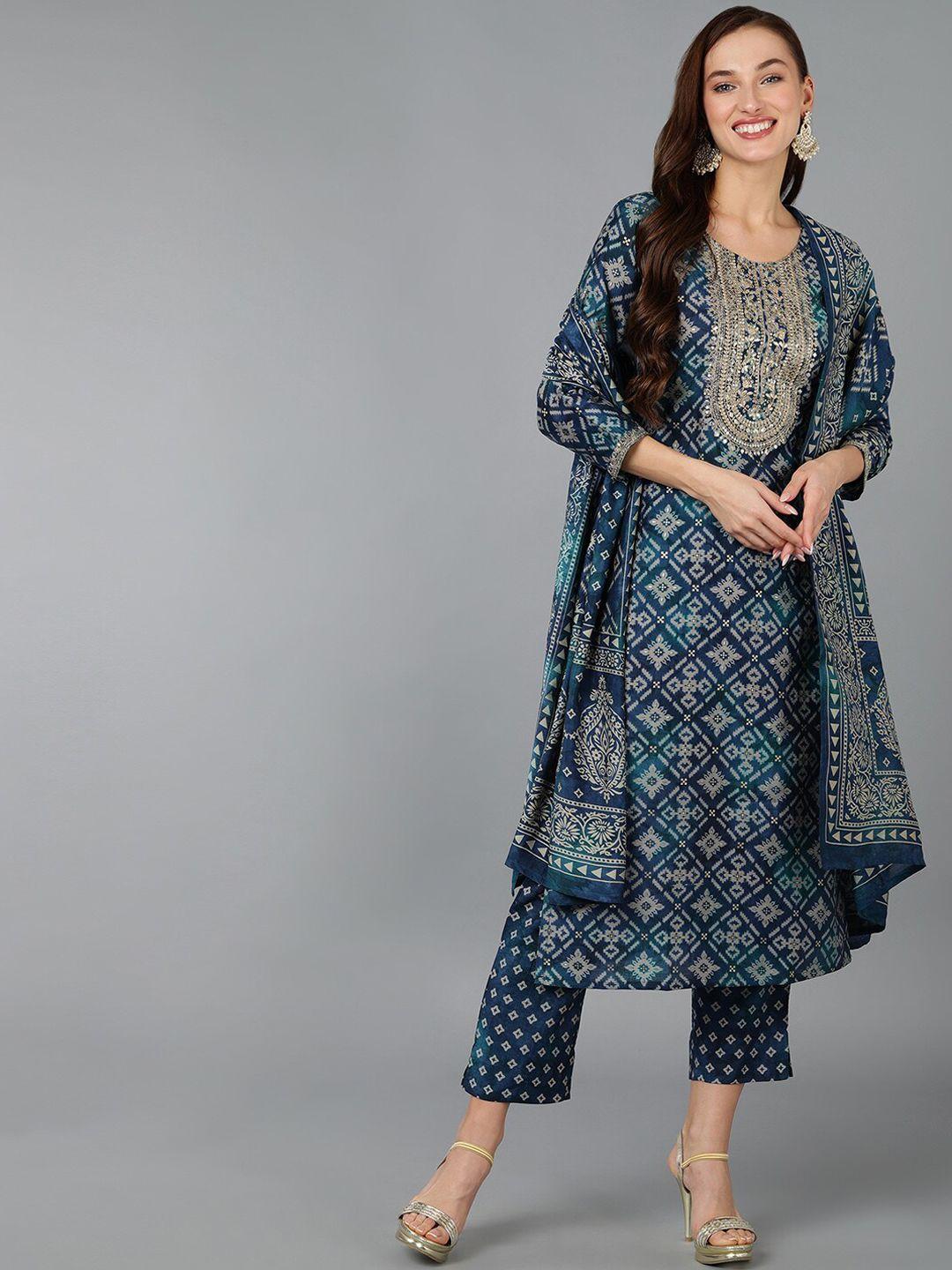 ahika women printed round neck sequinned kurta with trousers & dupatta