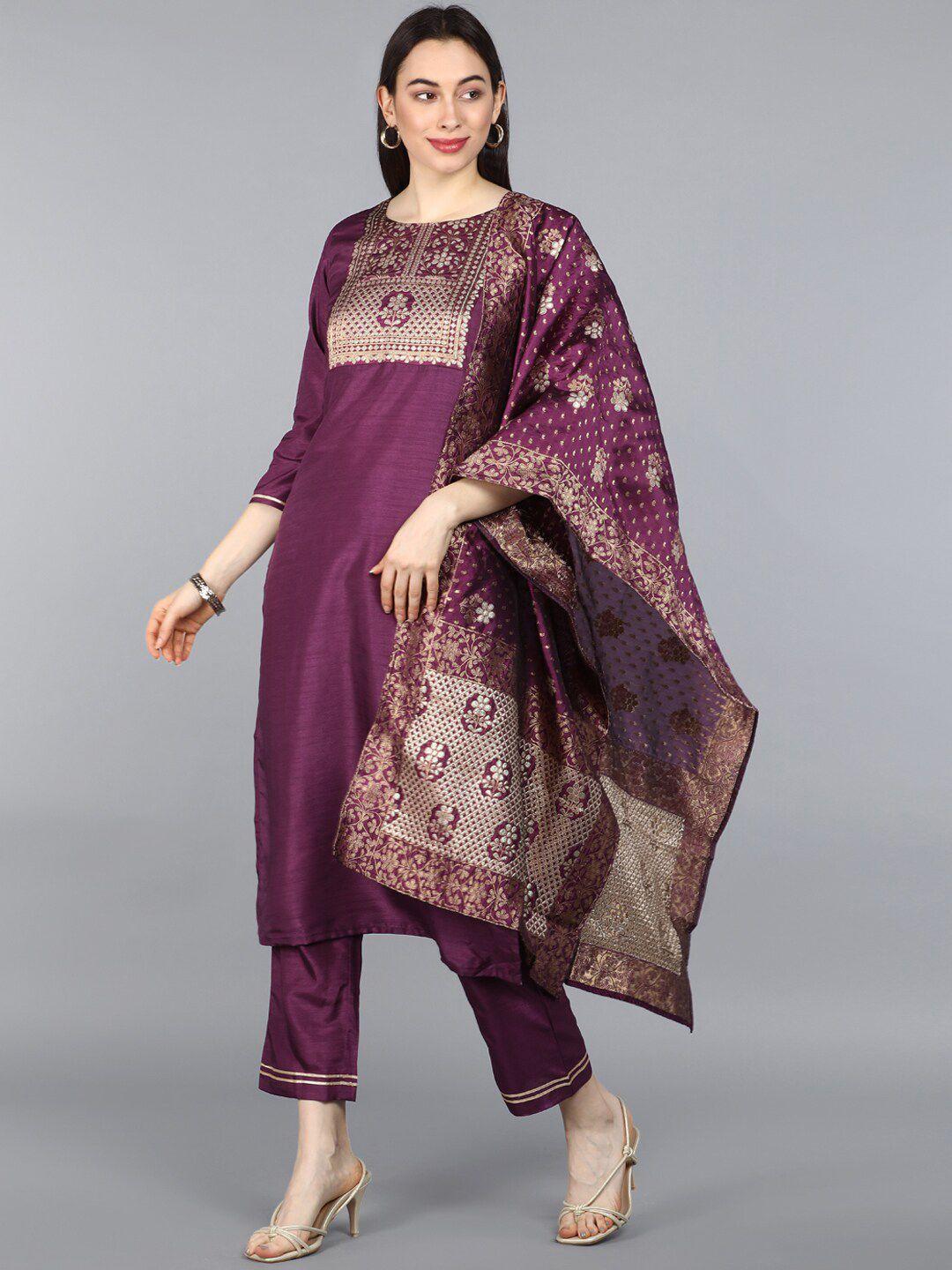 ahika women purple & gold-coloured yoke design kurta with trousers & dupatta