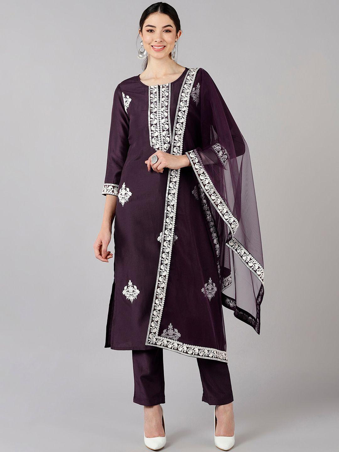 ahika women purple ethnic motifs printed kurta with trousers & dupatta