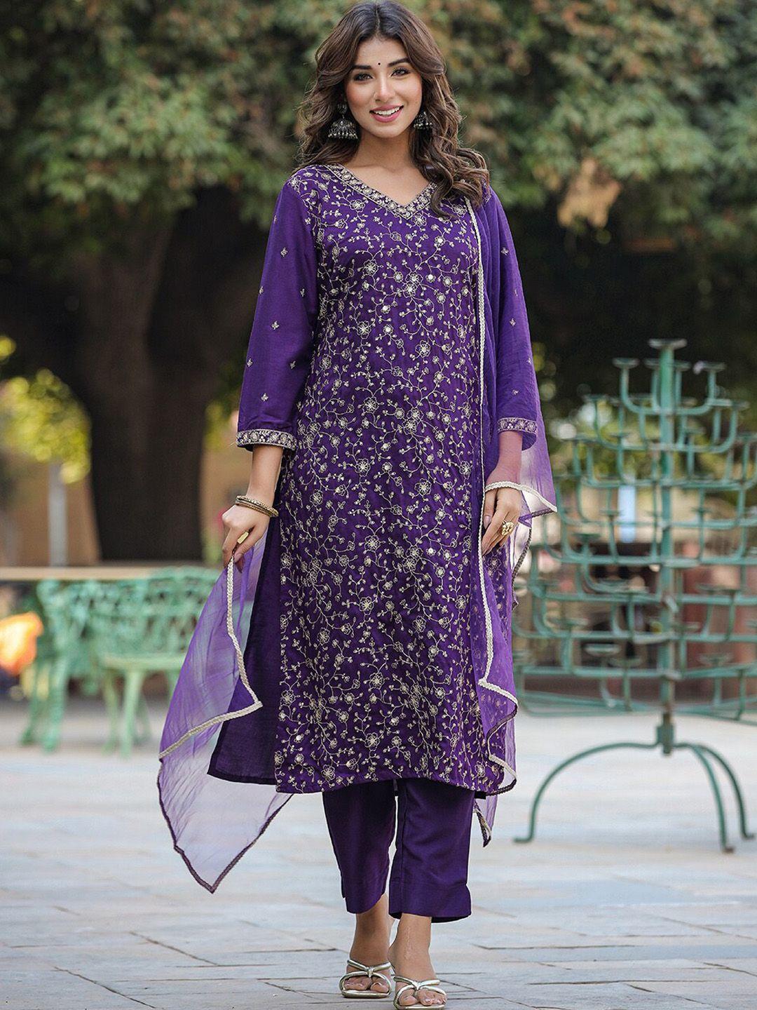ahika women purple floral embroidered regular sequinned kurta with trousers & with dupatta