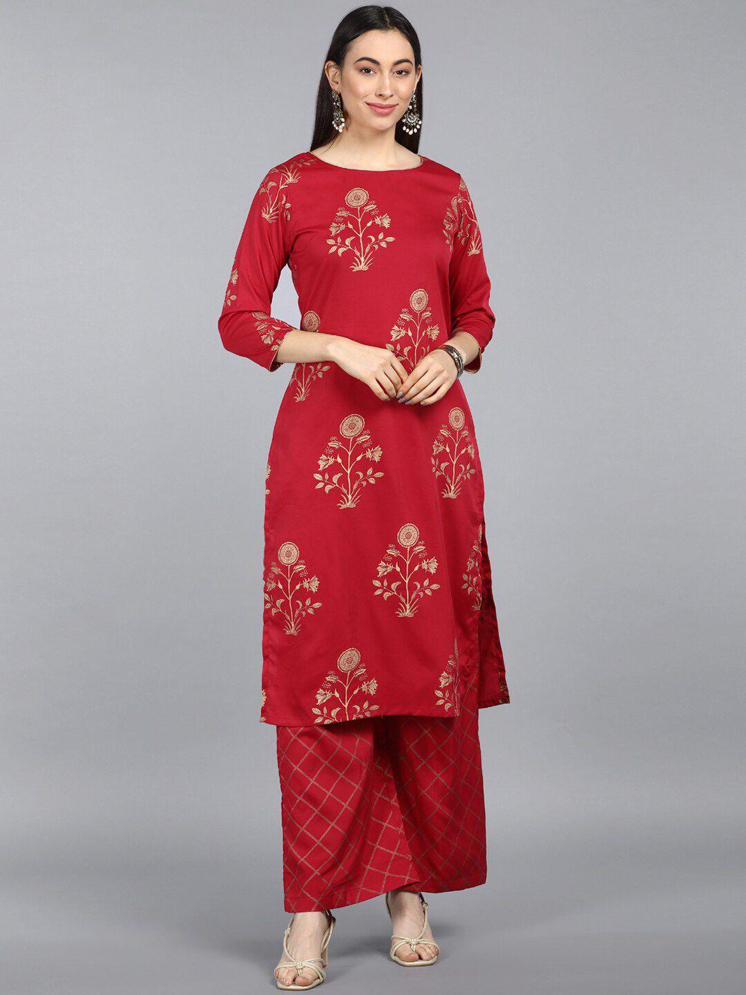 ahika women red & beige floral printed kurta with palazzos