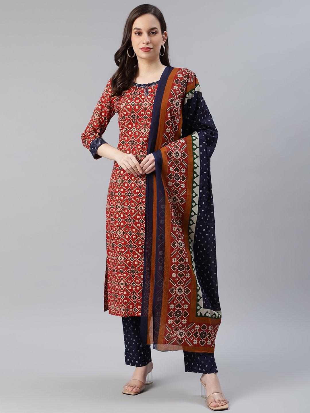 ahika women red & navy blue printed pure cotton kurta with trousers & dupatta