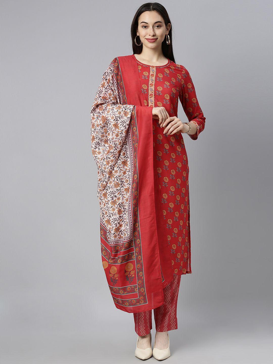 ahika women red & yellow ethnic motifs printed kurta with trousers & with dupatta