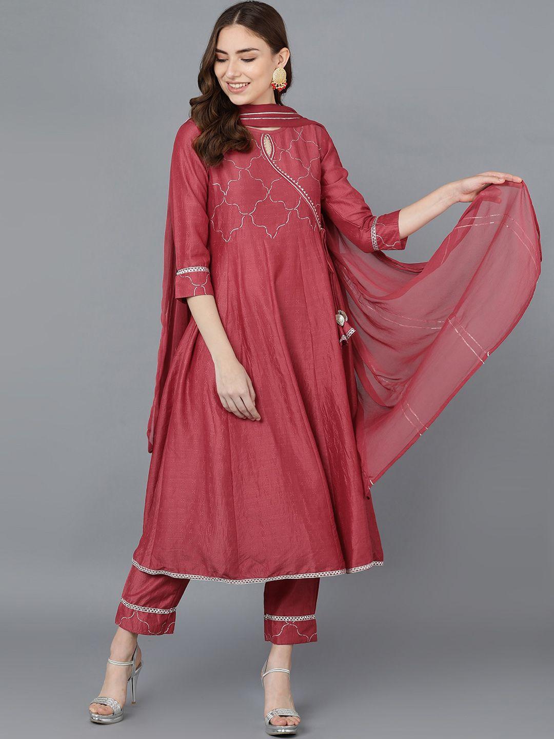 ahika women red embroidered angrakha kurta with trousers & with dupatta