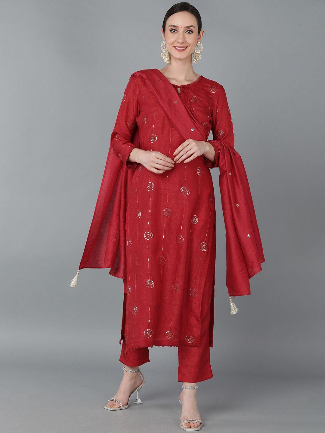 ahika women red ethnic motifs embroidered kurta with trousers & dupatta