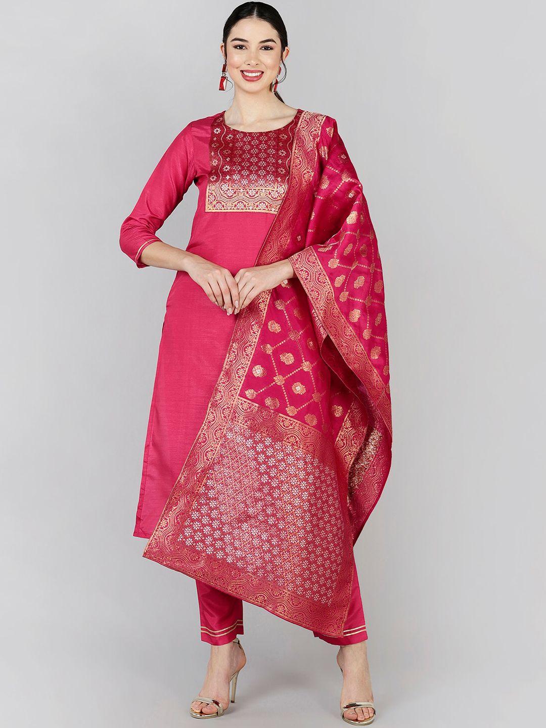 ahika women red ethnic motifs yoke design kurta with trousers & with dupatta