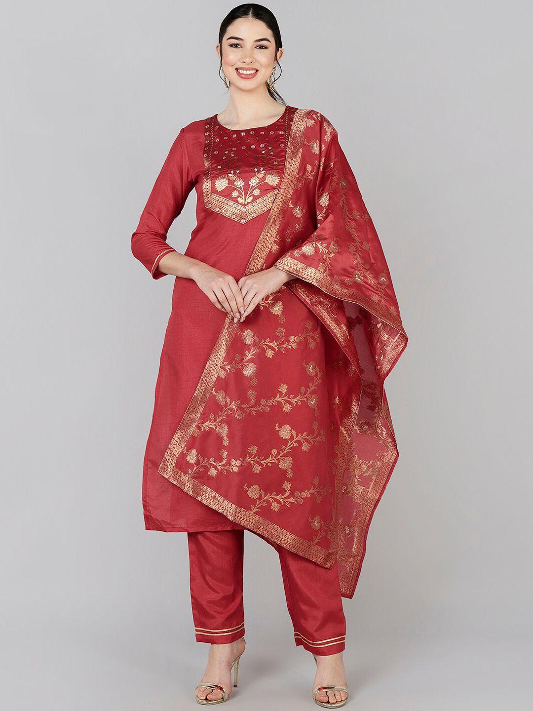 ahika women red ethnic motifs yoke design kurti with trousers