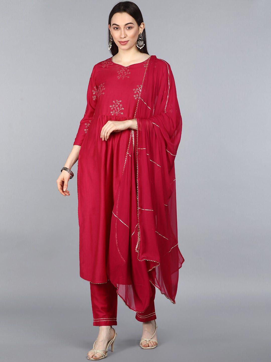 ahika women red floral embroidered kurta with trousers & dupatta