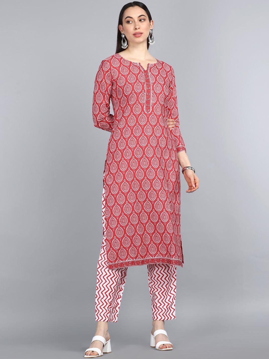 ahika women red printed regular straight kurta with trousers