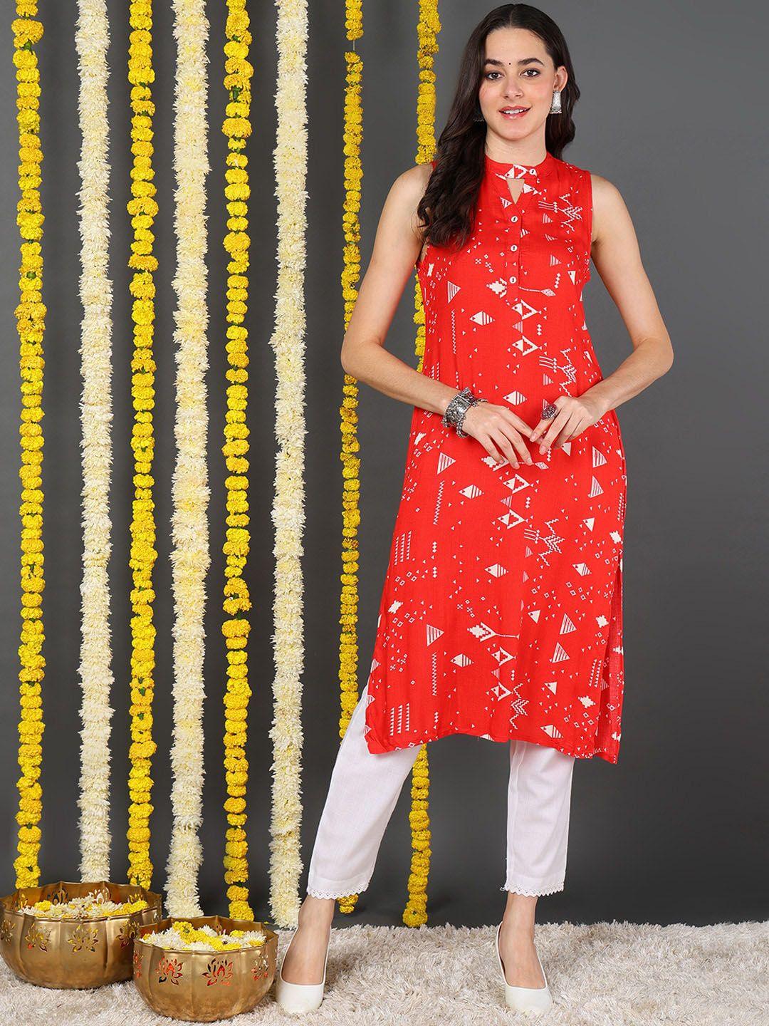 ahika women red quirky printed keyhole neck kurta