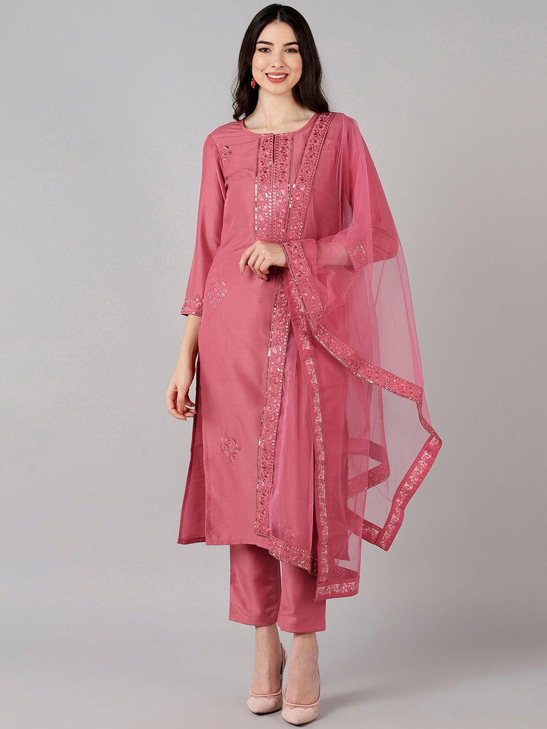 ahika women rose yoke embroidered kurta with trousers & dupatta