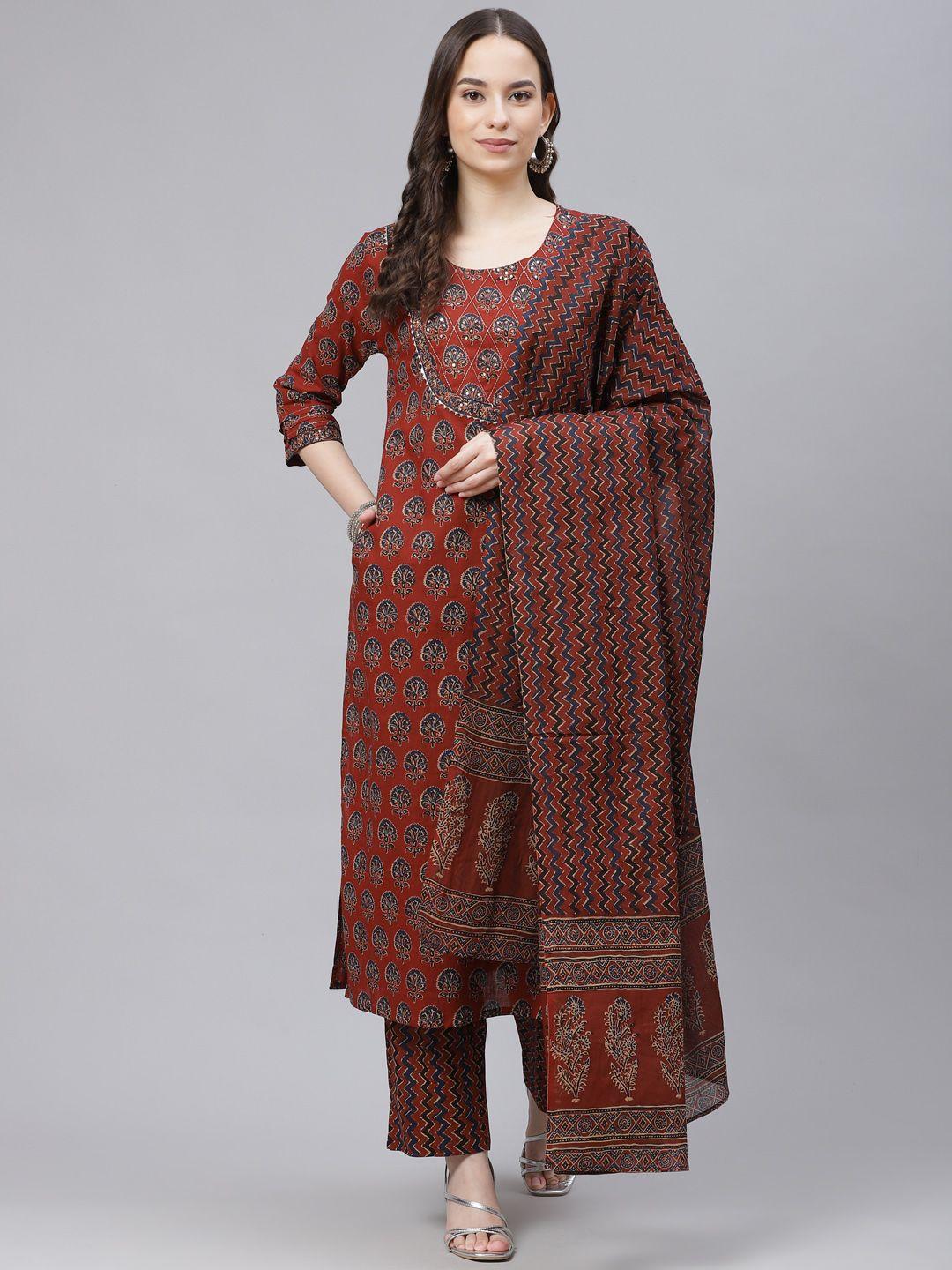 ahika women rust orange & navy blue printed cotton kurta with trousers & dupatta