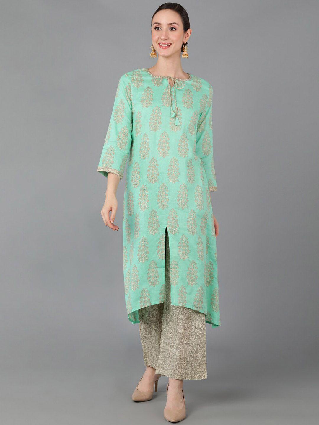 ahika women sea green ethnic motifs printed pure cotton kurta with palazzos