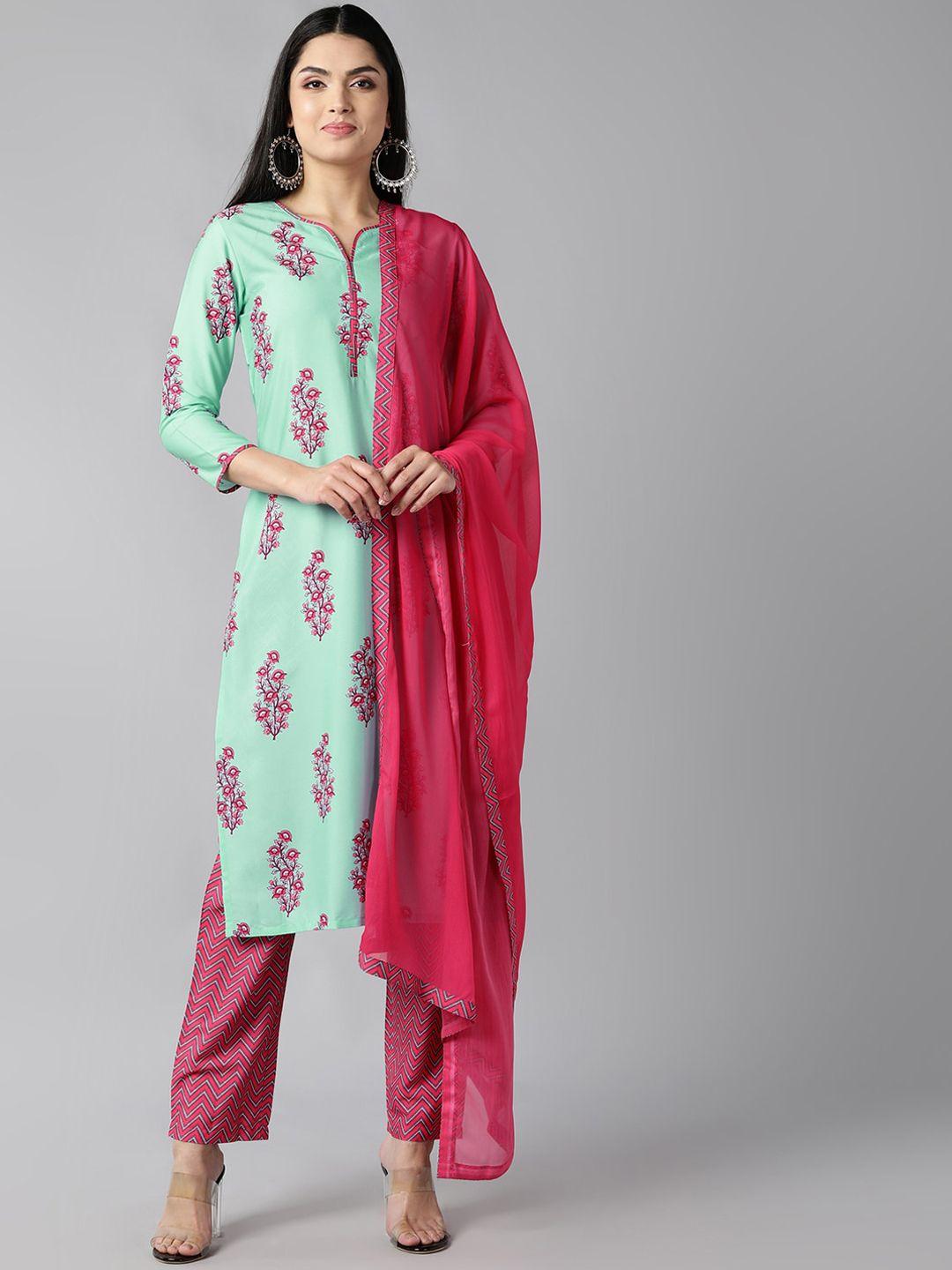 ahika women sea green floral printed regular kurta with trousers & with dupatta