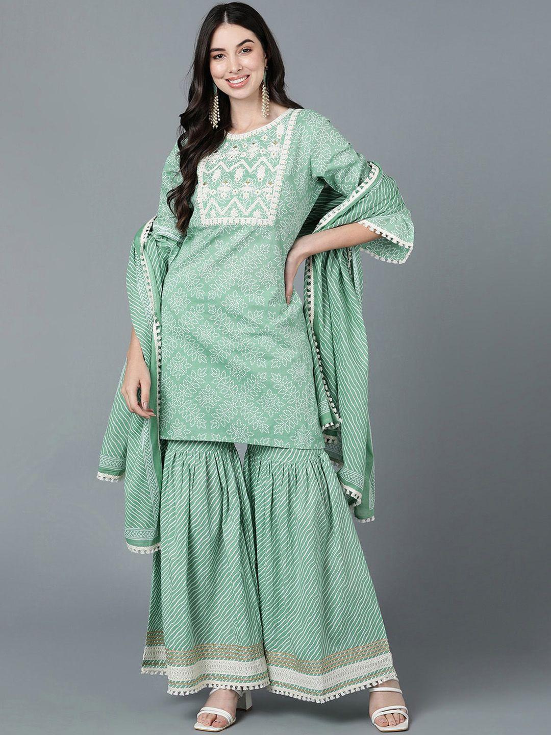 ahika women sea green floral yoke design pure cotton kurta with sharara & with dupatta